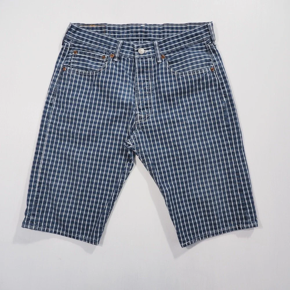 Levis 501 Shorts Mens 32 Blue Checkered Grid Denim Button Fly Streetwear Jorts